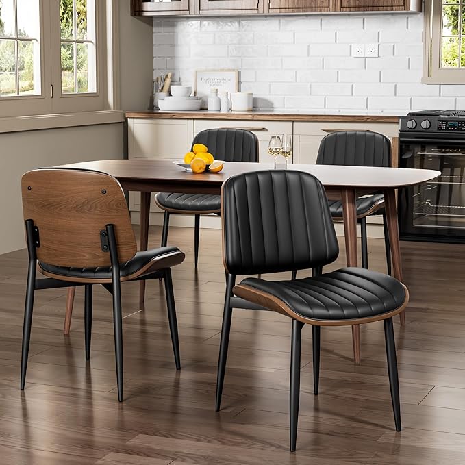Dining Chairs Set of 4, Mid-Century Modern Upholstered PU Leather Chairs with Walnut Bentwood Back and Metal Legs Adjustable Feet for Kitchen Dining Living Room, Dark Black Vertical Stripes