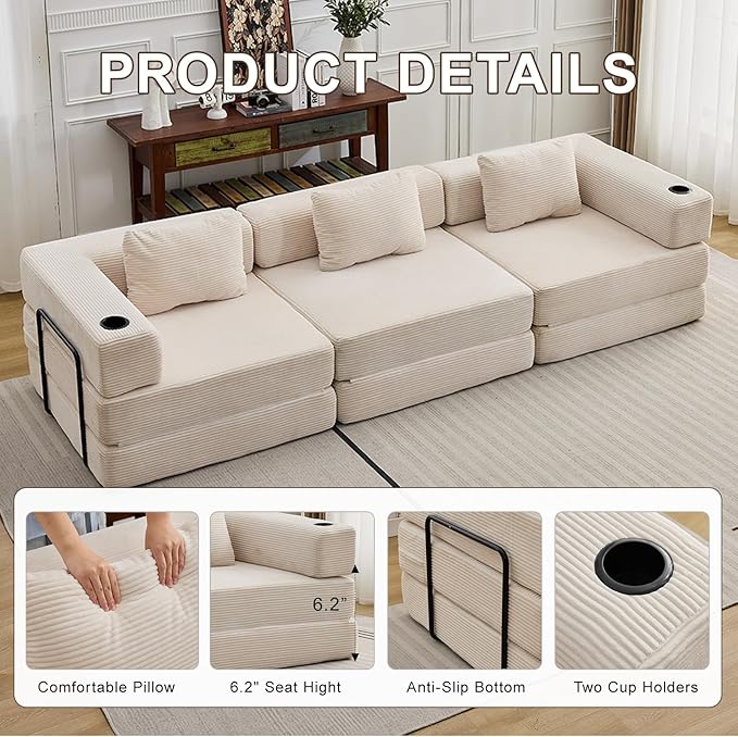 118" Oversized Convertible Floor Sofa Bed, Boneless Foldable Mattress Cloud Couch with Pillow Back & Armrest, Fold Out Floor Couch with Cup Holder for Living Room Bedroom Lounge, Corduroy, White