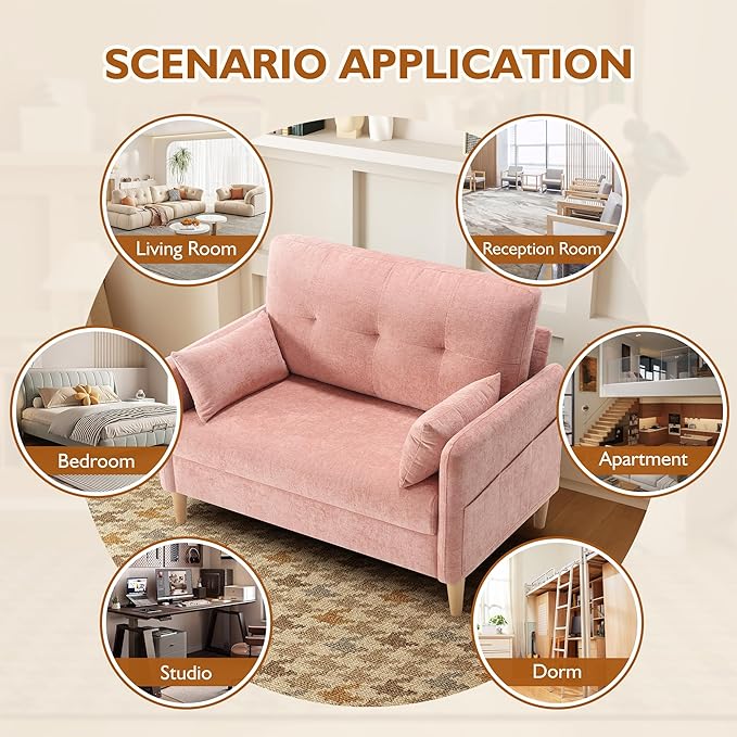 47" Small Sofa Couch for Bedroom, Soft Chenille loveseat Mini Couch with Throw Pillow and Removable Cushion Cover for Small Spaces, Living Room, Apartment, Dorm, Office(Pink)