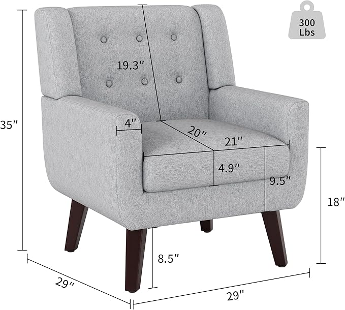 Accent Chairs, Mid-Century Modern Upholstered Living Room Armchair, Comfy Oversized Linen Fabric Single Reading Arm Chair with Tufted Back and Wood Legs for Bedroom, Club (1, Light Grey)