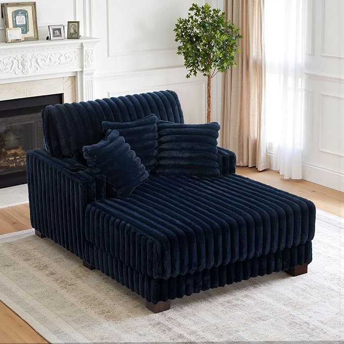 UIXE Chaise Lounge Chair Indoor, Oversized Sleeper Chair with 2 Cup Holders, Faux Fur Upholstered Sofa Bed Comfy Recliner Solid Wood Frame Reading Seat for Living Room, Bedroom, Apartment - Navy