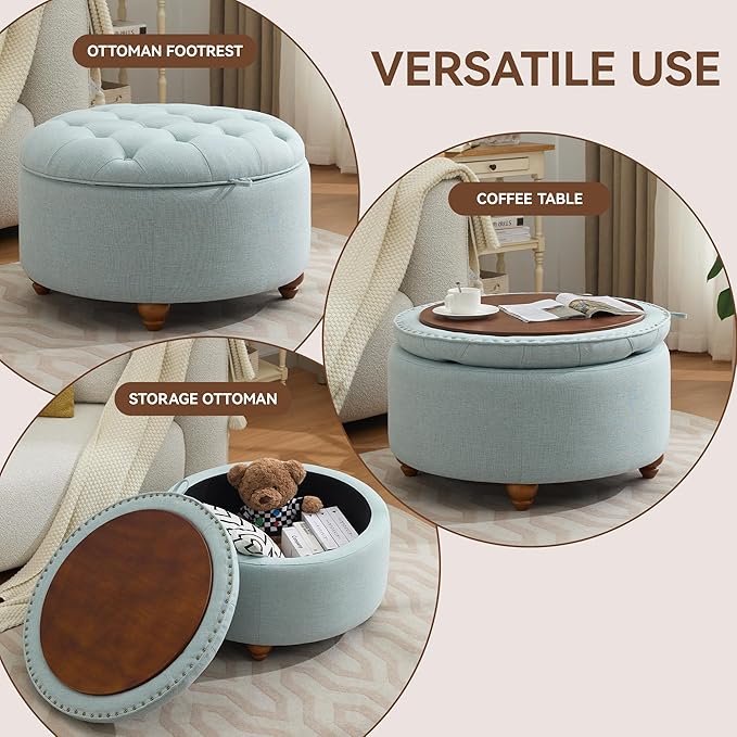 WUTUTUEE 30Inch Round Storage Ottoman with Tray, Modern Tufted Fabric Circle Coffee Table with Storage, Upholstered Ottoman with Removable Top for Living Room, Bedroom, Light Blue