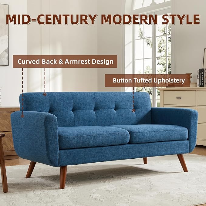 Tbfit 65" W Loveseat Sofa, Mid Century Modern Decor Love Seat Sofas and Couches for Living Room, Button Tufted Upholstered Small Couch for Bedroom, Solid and Easy to Install Love Seats Furniture, Blue | linen fabric, button tufted, solid wood foot, poc...