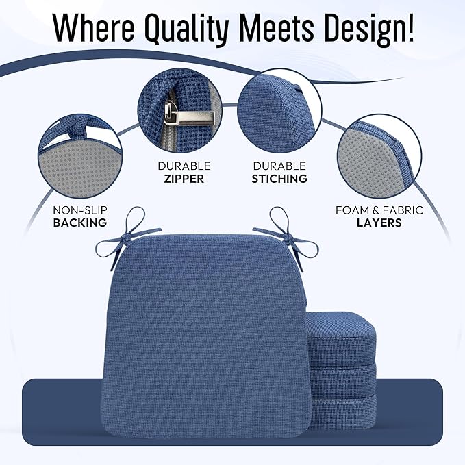 D-Shaped Indoor Chair Cushions 17" x 16" for Kitchen & Dining Chairs – 2'' Thick Seat Pads with Ties & Non-Slip Backing, High-Density Foam, Machine-Washable Covers, Set of 2 with Chair Leg Pads, Blue
