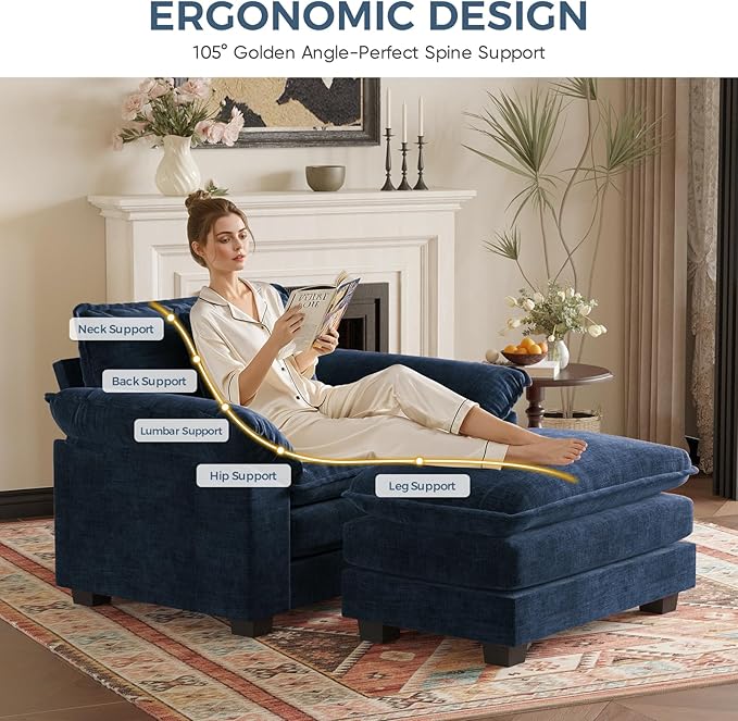 HUSFU Accent Chair with Ottoman, Oversized Chenille Cloud Couch Chair with Deep Seat and Extra Wide Armrests, Comfy Reading Armchair for Bedroom, Living Room, Blue