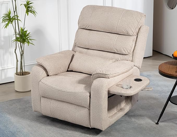 Beige Recliner Chair for Elderly | Tall and Big Man 400lbs | Chenille | Power Lift, Lay Flat, Stand Up, Wireless Charging Device, Extended Footrest, Massage Heat, Cup Holder, Lumbar Pillow