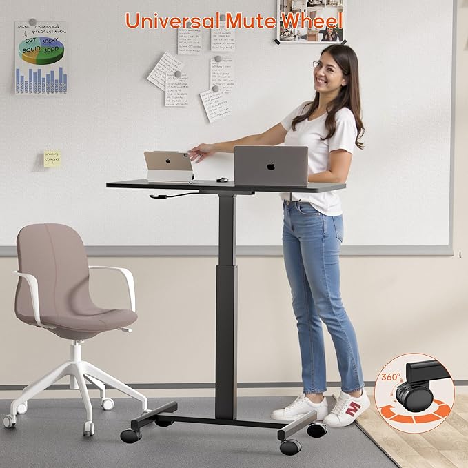 NICECOZY Mobile Standing Desk, Small Teacher Standing Rolling Desk, Portable Laptop Desk with Lockable Wheels, Computer Workstations, Adjustable Height, Black
