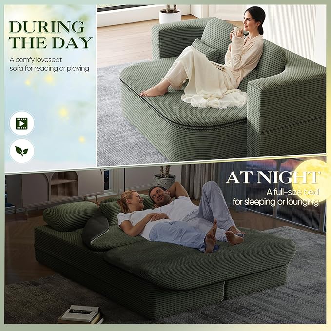 Antetek Convertible Sleeper Sofa, Modern Folding Futon Corduroy Floor Foam Compression Loveseat Sofa Bed Couch, Foldable Full Size Guest Bed with 4 Pillows for Living Room Bedroom Apartment, Green