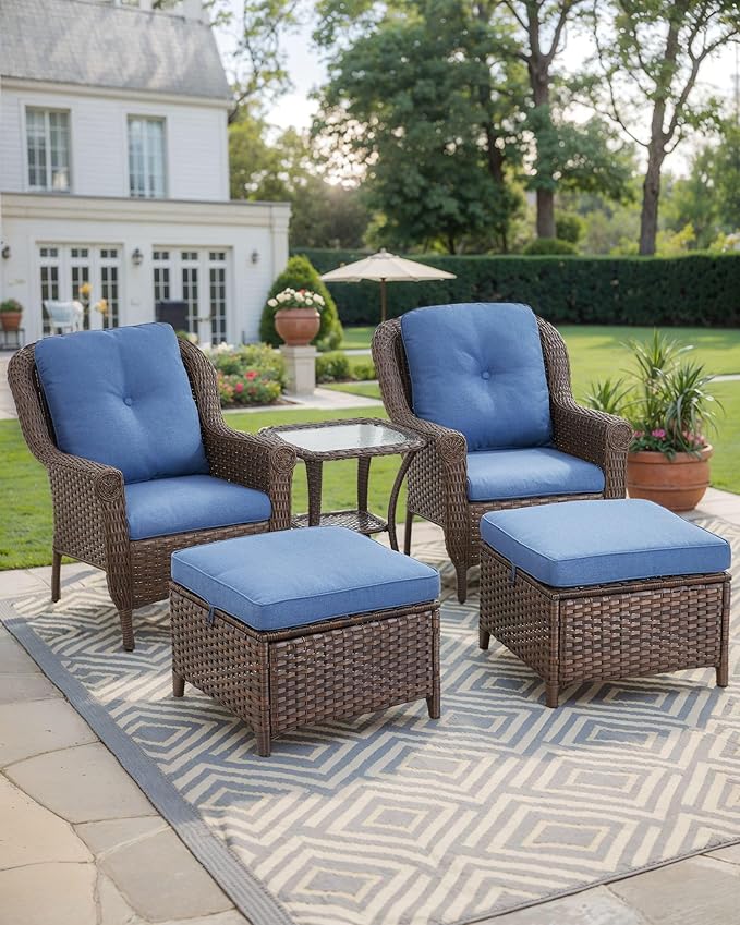ACTREST 3 Piece Patio Swivel Chairs and Side Table Set - High Back Outdoor Brown Wicker Rattan Rocking Glider with Thick Cushions for Porch Apartment Deck Yard Poolside Garden - Navy Blue