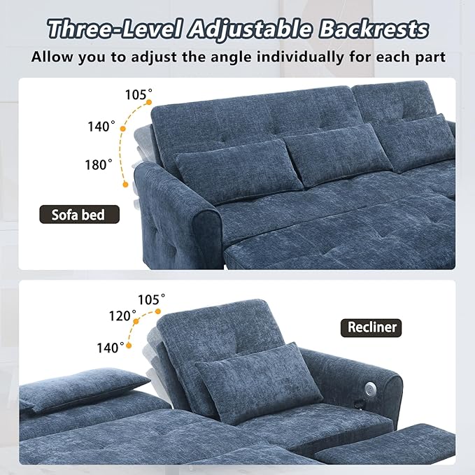 Gagawin 2 in 1 Convertible Sofa Bed with Reversible Recliner, Chenille 3-Seater Couch Sleeper with Pull Out Bed & Adjustable Backrest & Dual USB Charging Ports for Living Room, Blue