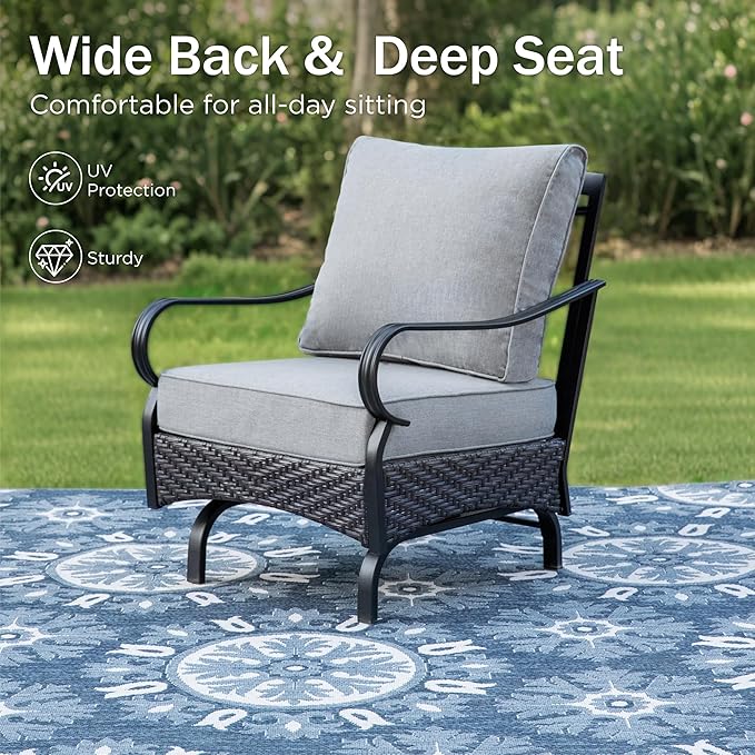 PHI VILLA Outdoor Modern Patio Furniture Set, Upgraded Wicker&Metal Patio Furniture Conversation Set with Waterproof Thick Cushions for Porch, Poolside, Deck, and Yard (4 Pieces,Grey)