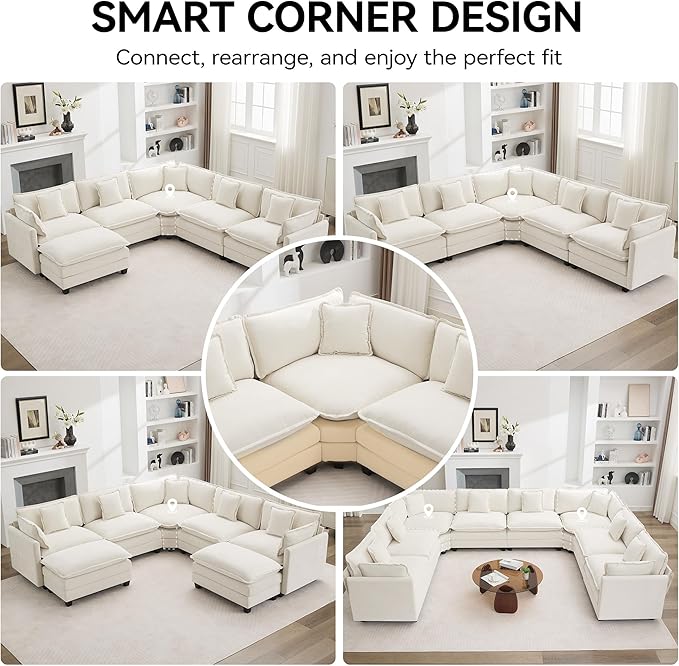 147'' Oversized U Shaped Cloud Sectional Sofa, Chenille Deep Seat Couches for Living Room, Comfy Upholstered Modular Sectional Sofa Couch, Beige