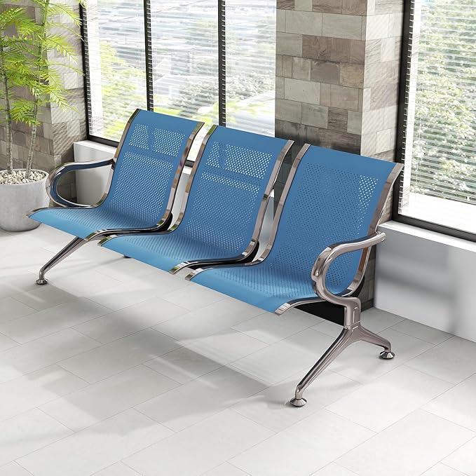Kinfant 3-Seat Waiting Room Chair - Office Guest Reception Chairs with Ergonomic Backrests, Airport Waiting Bench with Armrests, Metal Waiting Furniture for Hospital, Bank, Salon, Blue