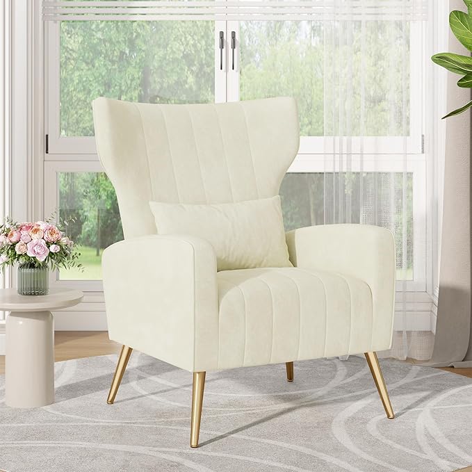 Nalupatio Modern Accent Chairs for Living Room Chairs Upholstered Velvet Fabric Reading Chair Mid Century Arm Chair Comfy Armchair,Beige