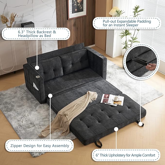 VINGLI Upgraded 64" W 84" L Full Size Futon Sofa Bed, 6" Thick Upholstery Chenille Loveseat Sofa Sleeper Pull Out Couch,Convertible Floor Couch for Living Room, Bedroom, Entertainment Room, Dark Grey