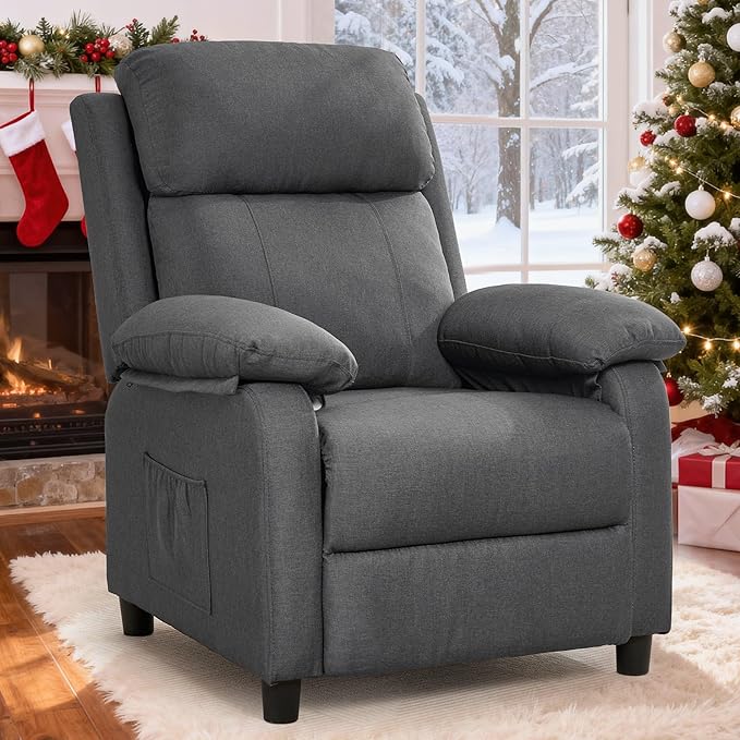 Recliner Chair, Living Room Chairs for Adults, Padded Deep Seat Reading Chair with Side Pockets, Small Recliners for Small Spaces, Lounge Chair for Living Room, Bedroom, and RV (Linen)