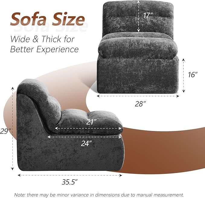WUTUTUEE Boneless Chair, Double-Layer Armless Floor Sofa with High Density Memory Foam, No Assembly Togo Sofa, Chenille Bean Bag Chairs for Living Room, Bedroom, Comfy Cloud Chair (Grey)