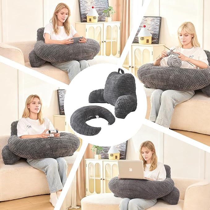 PAJEO Back Pillow for Bed Sitting Up,U Shaped & Back Support Pillow for Bed,17" Backrest with Lumbar & Arm Support,Comfy Corduroy Fabric,Lap Pillow for Gaming/Reading/Watching TV,Gray
