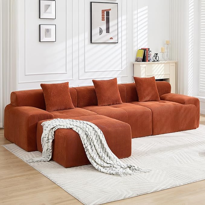 118" Modular Sectional Sofa, Cloud Sectional Couch with Chaise, Modern Boneless L-Shaped Sofas with Deep Seat, Upholstered Comfy Couches for Living Room, No Assembly Required, Plush Corduroy,Orange