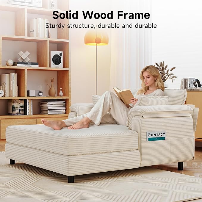 Winlice 58'' Chaise Lounge Chair Indoor, Oversized Corduroy Wooden and Iron Frame Sofa Bed, Comfy Upholstered Lounge Sleeper Couch with 4 Storage Pockets for Living Room, Sunroom, Study, Beige