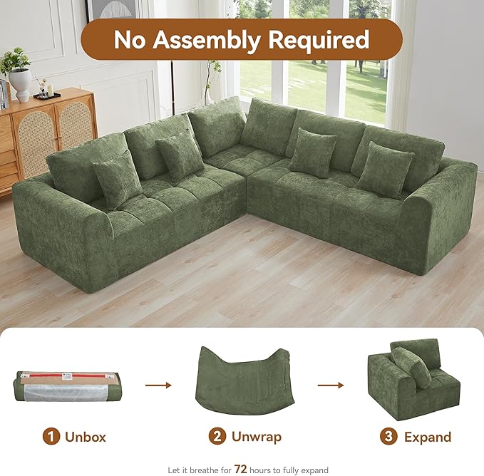 110''Modular Sectional Couches for Living Room, Cloud Boneless Compressed Sectional Sofa, Oversized L Shaped 5 Seater Upholstered Memory Foam Sofa, No Assembly, Chenille Green