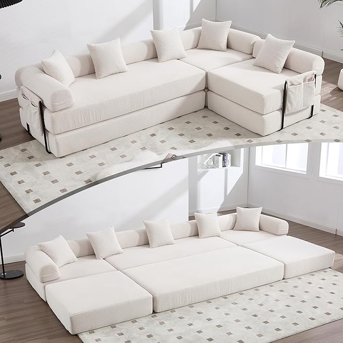 L Shape Convertible Sofa Bed with Cylindrical Pillow and Storage Pocket, Convertible Sofa Couch Bed with Support Frame for Living Room Bedroom Children Room-Beige
