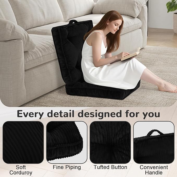 PRIMEPATIO Square Floor Pillow for Adults, Tufted Floor Cushion for Sitting, Large Meditation Cushion, Thick Corduroy Seat with Handle, Tatami Seating for Yoga, 24x24 Inch Black, 1Pack