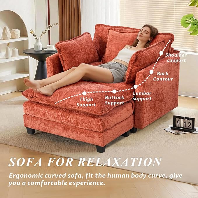 SoarFlash Chenille Sectional Sofa, Comfy Modular Single Sofa with Ottoman, Modern Recliner Deep Seat Sofa Set for Living Room,Orange