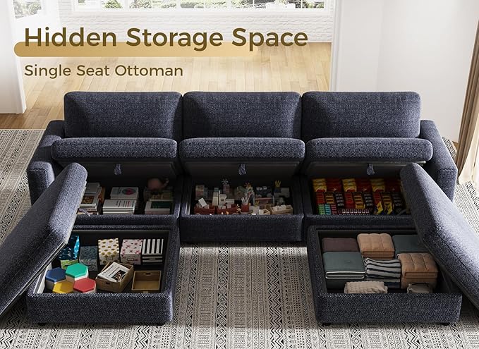 KKL Sofa Couches for Living Room - 113" Modular Sectional Couch Down Filled Sectional Sofa with Adjustable Backrest, Oversize Cloud Deep Couch 5 Seater with Storage Ottoman Chenille, Blue