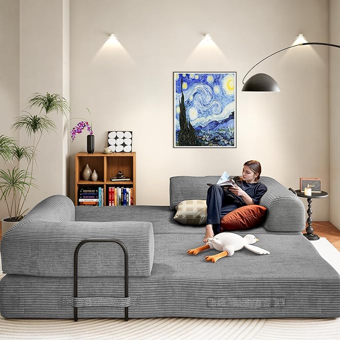 79" Convertible Sofa Bed, Boneless Corduroy Sleeper Foldable Modular Couch, Memory Foam Compressed Sofa in A Box, Folding Mattress Floor Couch for Small Space Living Room Apartment Bedroom, Light Gray