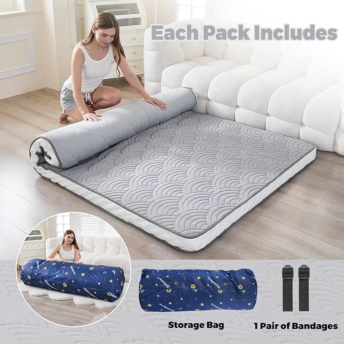 Zelladorra Japanese Floor Mattress, Quilted Futon Mattress with Anti-Slip Bottom, Foldable Floor Bed with Storage Bag and Straps, (Light Grey, Twin)