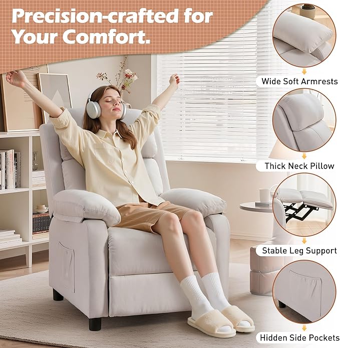 Recliner Chair, Living Room Chairs for Adults, Padded Deep Seat Reading Chair with Side Pockets, Small Recliners for Small Spaces, Lounge Chair for Living Room, Bedroom, and RV (Linen)