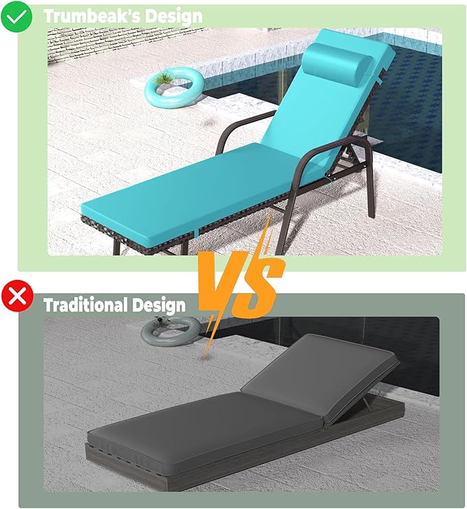 Trumbeak Patio Chaise Lounge Set 3 Pieces Pool Lounge Chairs,Cushioned Outdoor Folding Lounge Chair w/Arm and Rattan Adjustable Backrest for Poolside Porch,Folding Table Included,Turquoise Blue
