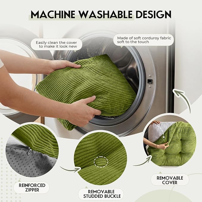 11In Washable Floor Pillow for Adults, Yoga & Meditation Cushion with Handle, Square Large Pillows Seating with Removable Tufted Corduroy Cover for Tatami Living Room Board Games, Green