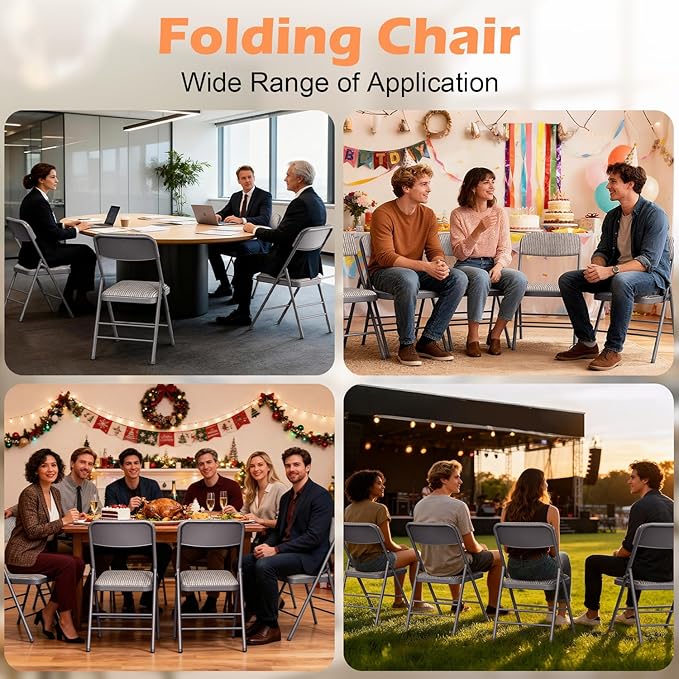 Commercial Grade Folding Chair with Padded Fabric Cushion（16"X16" |Double-hinged Legs Luxury Style|4.5kg Capacity Max Weight 150Kg for Home and Office,Indoor and Outdoor Events (4, Fabric-Beige)