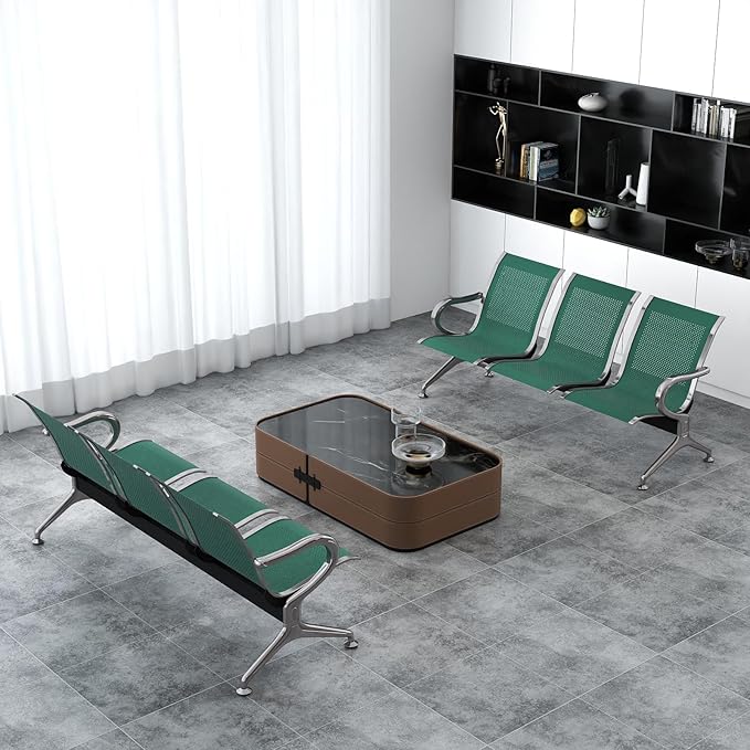 Kinfant 3-Seat Waiting Room Chair - Office Guest Reception Chairs with Ergonomic Backrests, Airport Waiting Bench with Armrests, Metal Waiting Furniture for Hospital, Bank (Dark Green, Set of 2)