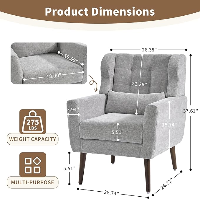 CHSICFOR Modern Accent Chair, Upholstered Arm Chair with Waist Pillow, Single Sofa Chair for Living Room Bedroom Small Spaces (Light Gray)