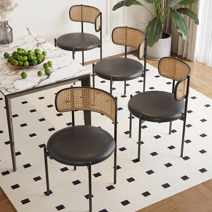 Farini Dining Chairs Set of 2, PU Leather Upholstered Seat with Woven Rattan Back, Sturdy Metal Legs Modern Side Chairs for Kitchen Living Room Restaurant, Black