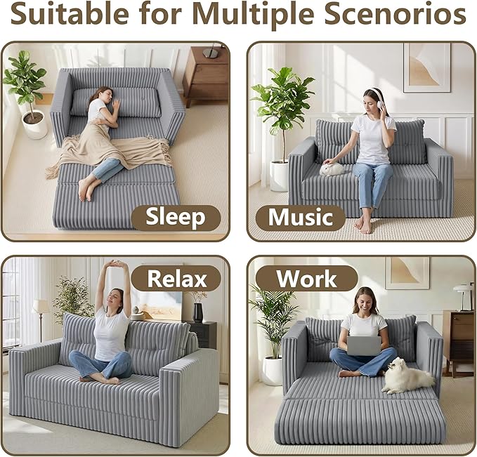 HABUTWAY Folding Sofa Bed, 2 in 1 Convertible Sleeper Chair with Pillow, Portable Fold Out Chair Bed with Armrest, Comfy Floor Couch, Lazy Sofa for Living Room Bedroom Dorm Home Office, Light Grey
