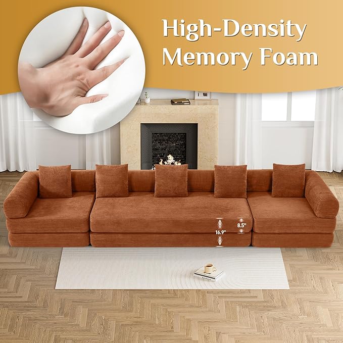 DAMAIFROM 157" Convertible Sleeper Sofa Bed Set with Pillow, 4-in-1 Corduroy Folding Mattress Boneless Couch with Fixed-Shape Frame, Fold Out Floor Sofa Cama Lounge Couch for Living Room, Orange