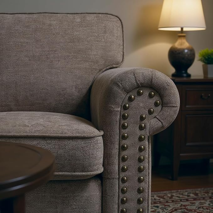 Nailhead Armchair, Rolled Arms Accent Chair for Living Room, Single Sofa Chair with Springs Seat Cushion & Wooden Legs, Mid-Century Armchair for Apartment, Office, Farmhouse, Light Brown
