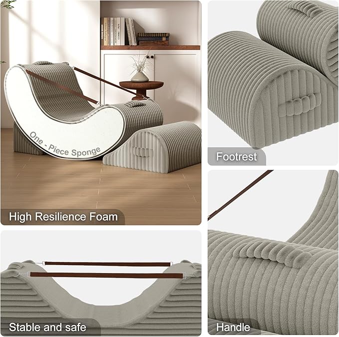 Gaint Bean Bag Chairs for Adults, Beanbag Lounge Filled with Memory Foam, Adjustable Angle, Corduroy Fabric, with Detachable Footrest for Bedroom, Living Room and Nursery(Khaki)