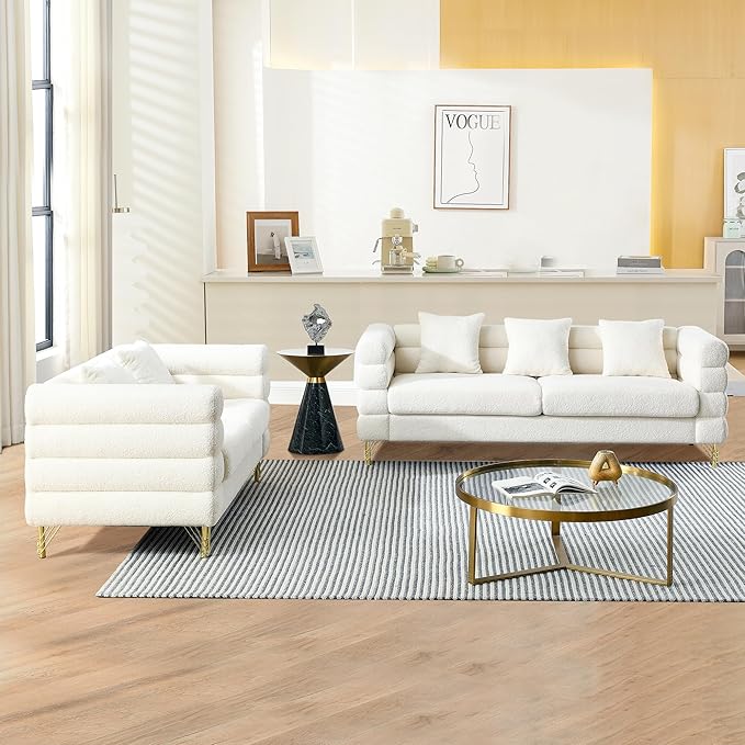 mikibama Luxury Teddy Sofa Set for Living Room, Modern Decor Furniture Sectional Sofa, 3 Seater Couch and Loveseat with 5 Pillows for Apartment, Office, Hall (White)
