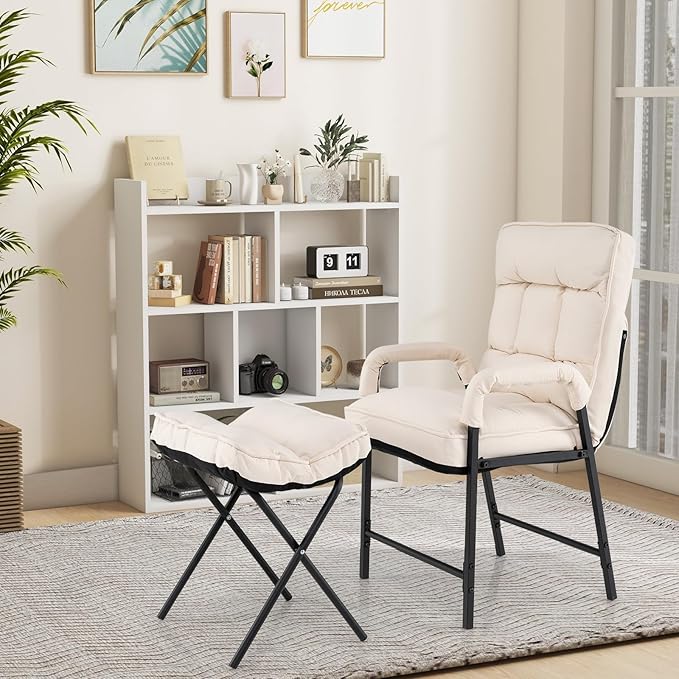 Giantex Modern Accent Chair with Ottoman, Upholstered Arm Chair with Adjustable Backrest & Solid Metal Frame, Linen Fabric Single Sofa Chair and Footrest Set for Bedroom, Living Room (Beige)