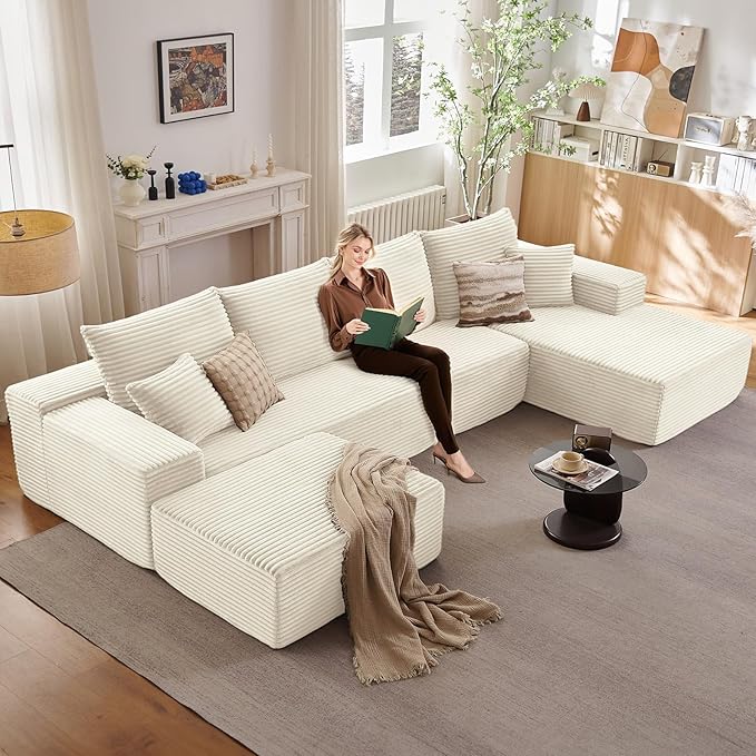 135.4" W Cloud Sectional Couch with Ottoman,Modern U-Shaped Cloud Couch with Deep Seat,Comfy Corduroy 4-Seater Sofa,Memory Foam Sofa for Living Room,No Assembly (White,Right-Facing Chaise)