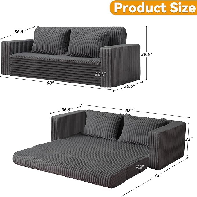 HABUTWAY Folding Sofa Bed, 2 in 1 Convertible Sleeper Chair with 2 Pillows, Portable Fold Out Chair Bed with Armrest, Comfy Floor Couch, Lazy Sofa for Living Room Bedroom Dorm Home Office