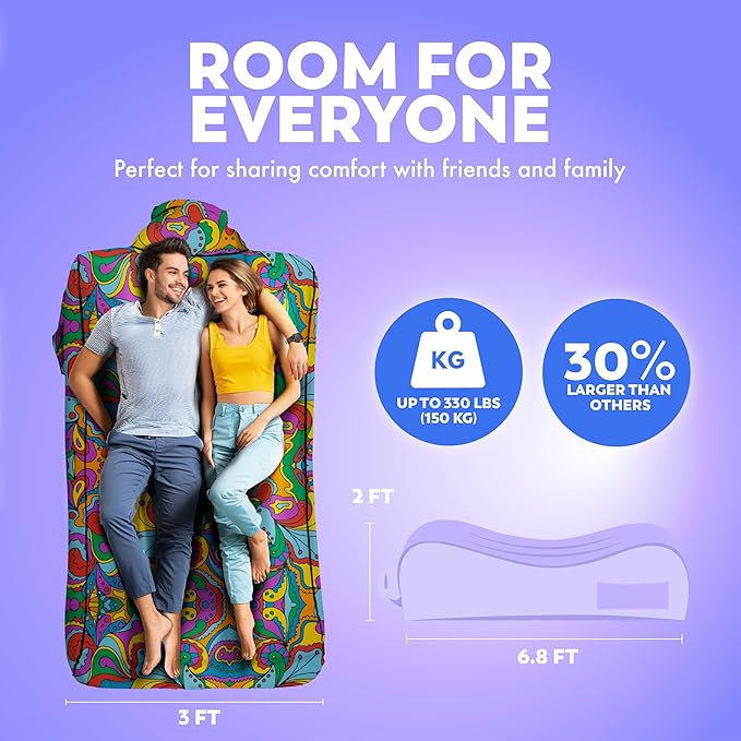 Chillbo LazyBone Inflatable Couch – Quick-Inflation Flapper System, Fun Prints, No-Pump Setup, Ripstop Polyester, Portable Air Lounger for Beach, Camping, Festivals, & Hiking