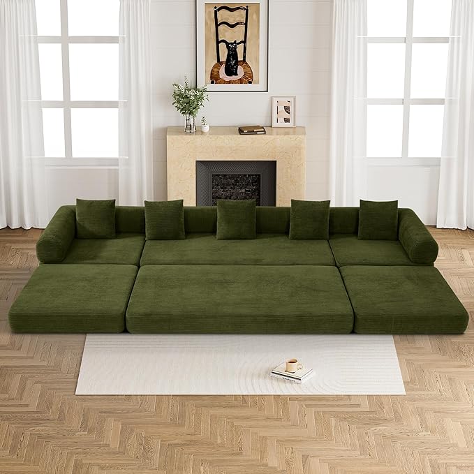 DAMAIFROM 157" Convertible Sleeper Sofa Bed Set with Pillow, 4-in-1 Corduroy Folding Mattress Boneless Couch with Fixed-Shape Frame, Fold Out Floor Sofa Cama Lounge Couch for Living Room, Olive Green