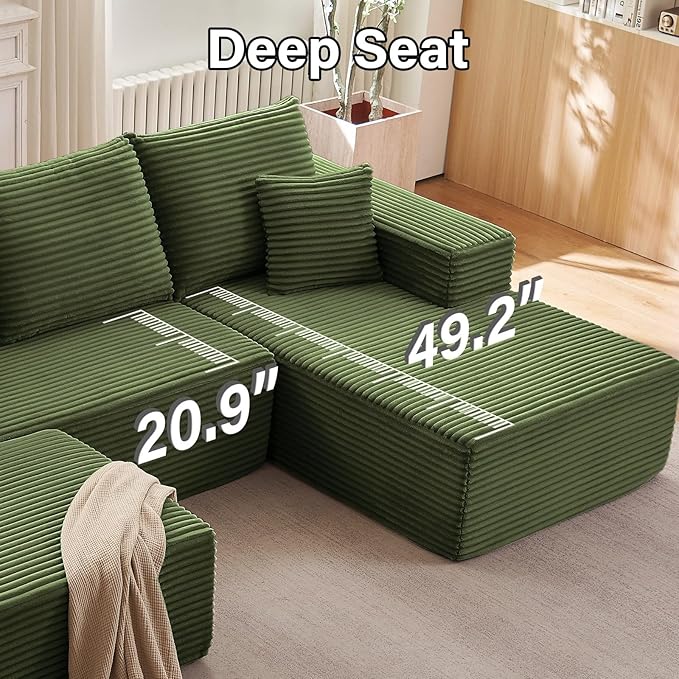 107" W Cloud Sectional Couch with Ottoman,Modern U-Shaped Cloud Couch with Deep Seat,Comfy Corduroy 3-Seater Sofa,Memory Foam Sofa for Living Room,No Assembly (Green,Right-Facing Chaise)