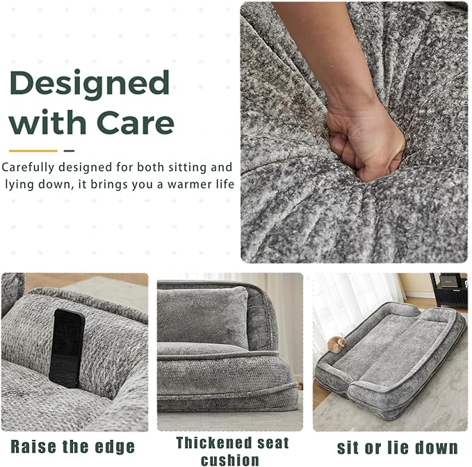 Foldable Lazy Sofa Bed, Chenille Upholstered Human Dog Bed for Adults, 2 in 1 Convertible Floor Sofa with 5 Adjustable Backrest Positions and Soft Cushions for Living Room (Light Gray)